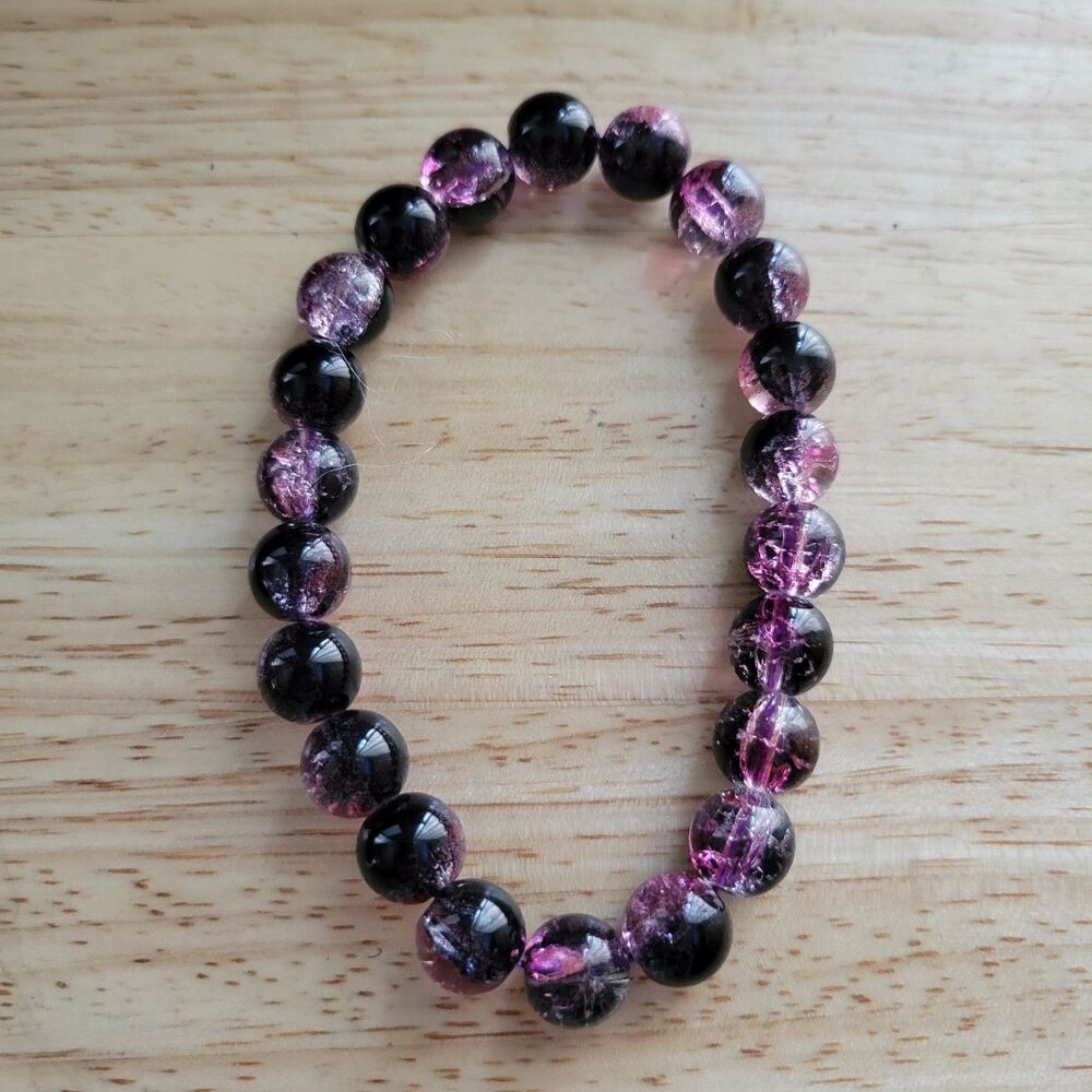 Purple Black Rock Crystal Stretchy Bracelet Crackled Beaded - Picture 2 of 3